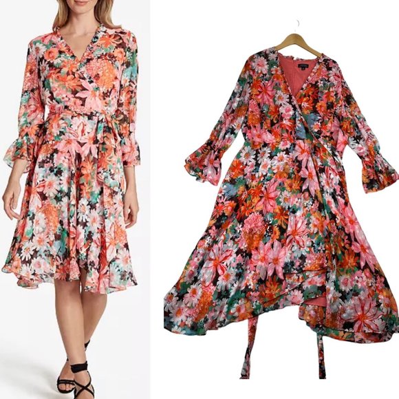 $175 TAHARI ASL Floral Print V-Neck Ruffled Smock Details Tie Waist Dress Sz 24W - Picture 1 of 7